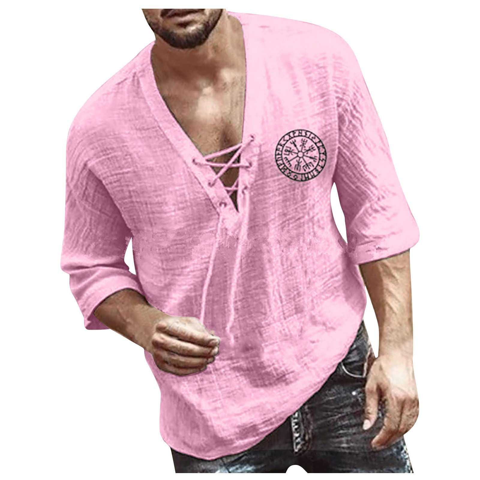Men's V Neck Solid Color Cotton Linen Three Quarter Sleeve T Shirt Drawstring Loose Breathable Soft Comfortable Casual T Shirt Thin Formal Top Blouse for Summer