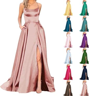 Formal Long Wedding Guest Dresses for Women Prom Dresses Spaghetti Straps Maxi Satin Evening Gowns with Pockets