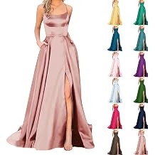 Formal Long Wedding Guest Dresses for Women Prom Dresses Spaghetti Straps Maxi Satin Evening Gowns with Pockets