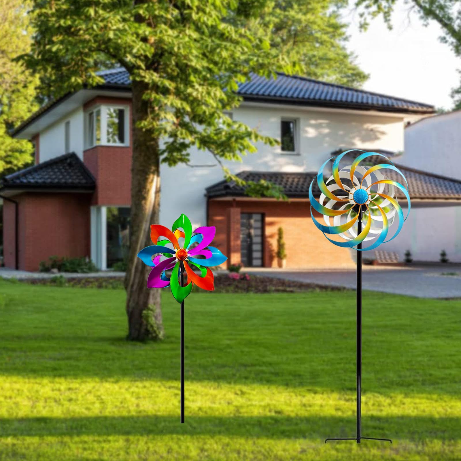 Solarny wiatrak metalowy do ogrodu, dzwonki wietrzne do użytku na zewnątrz, ze szklaną kulą zasilaną energią słoneczną, do ogrodu, na taras i do ogrodu, niebieski