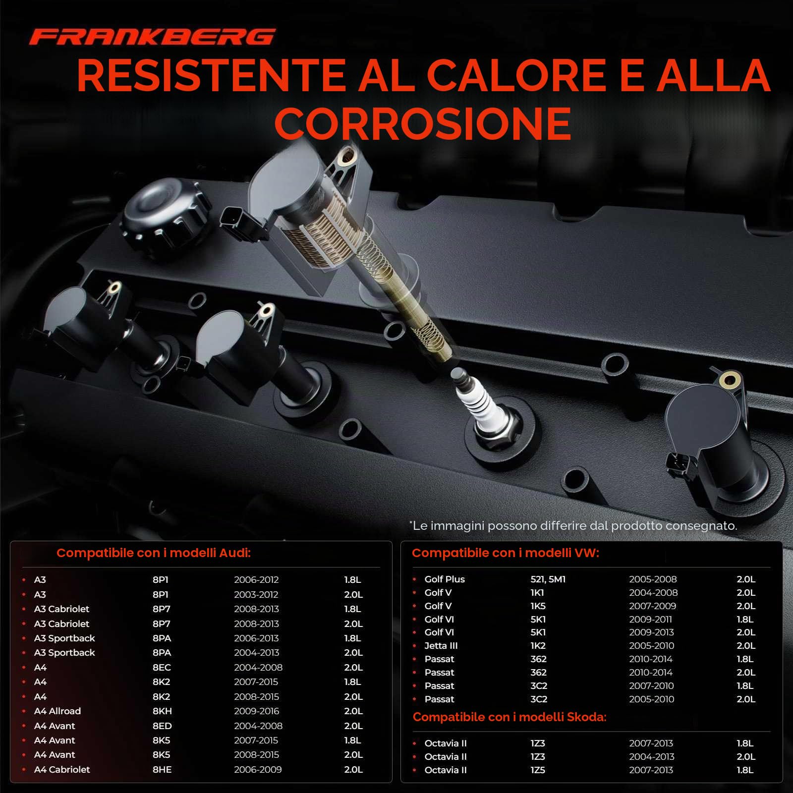 Frankberg 4 bobine di accensione + 1 candela | Compatibile con: Altaea XL 5P5 5P8, T.o.u.r.a.n 1T1 1T2, Golf Plus 521 5M1, O.c.t.a.v.i.a II 1Z3, TT 8J3