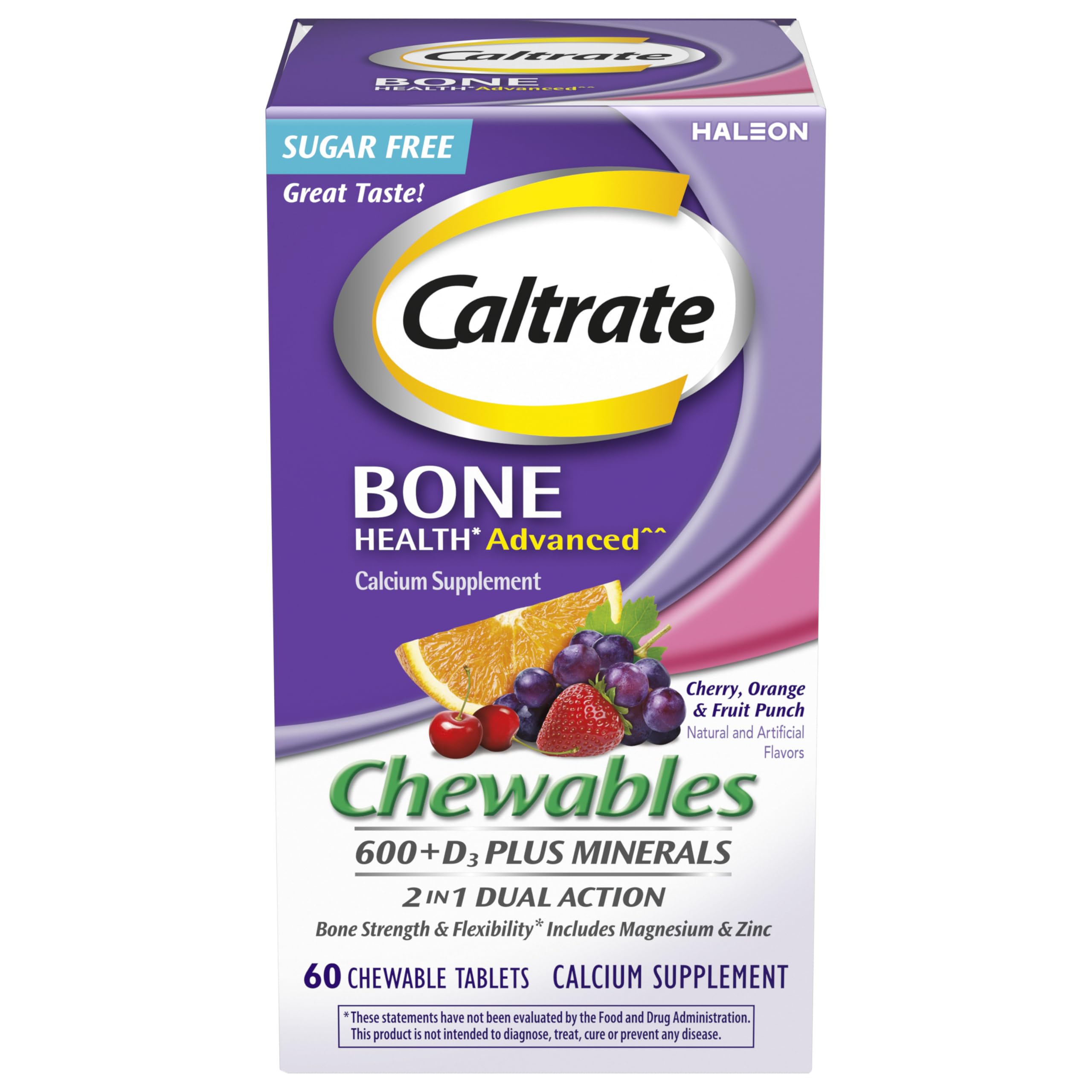 Caltrate Chewables 600 +D3 Plus Minerals Calcium and Vitamin D, Sugar Free, Cherry, Orange and Fruit Punch, 60 Count