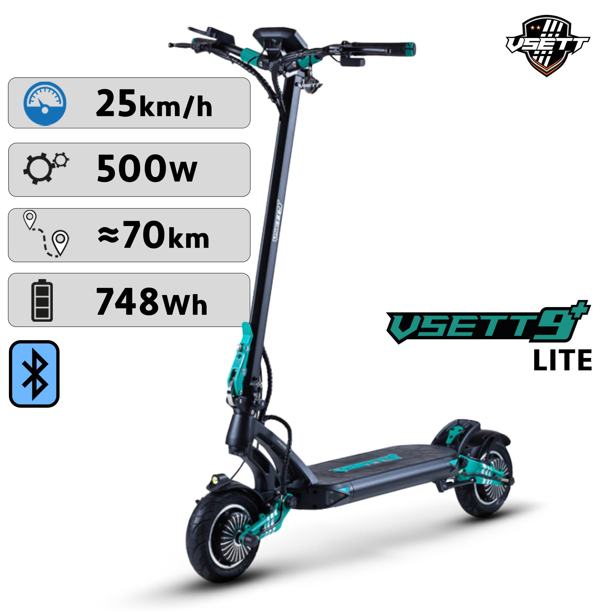 VSETT Trottinette Électrique 9 Plus Lite, 2 Moteurs 650W, Autonomie jusqu'à 70 km, 25 KM/H, Écran LED 5×5", Tout Terrain