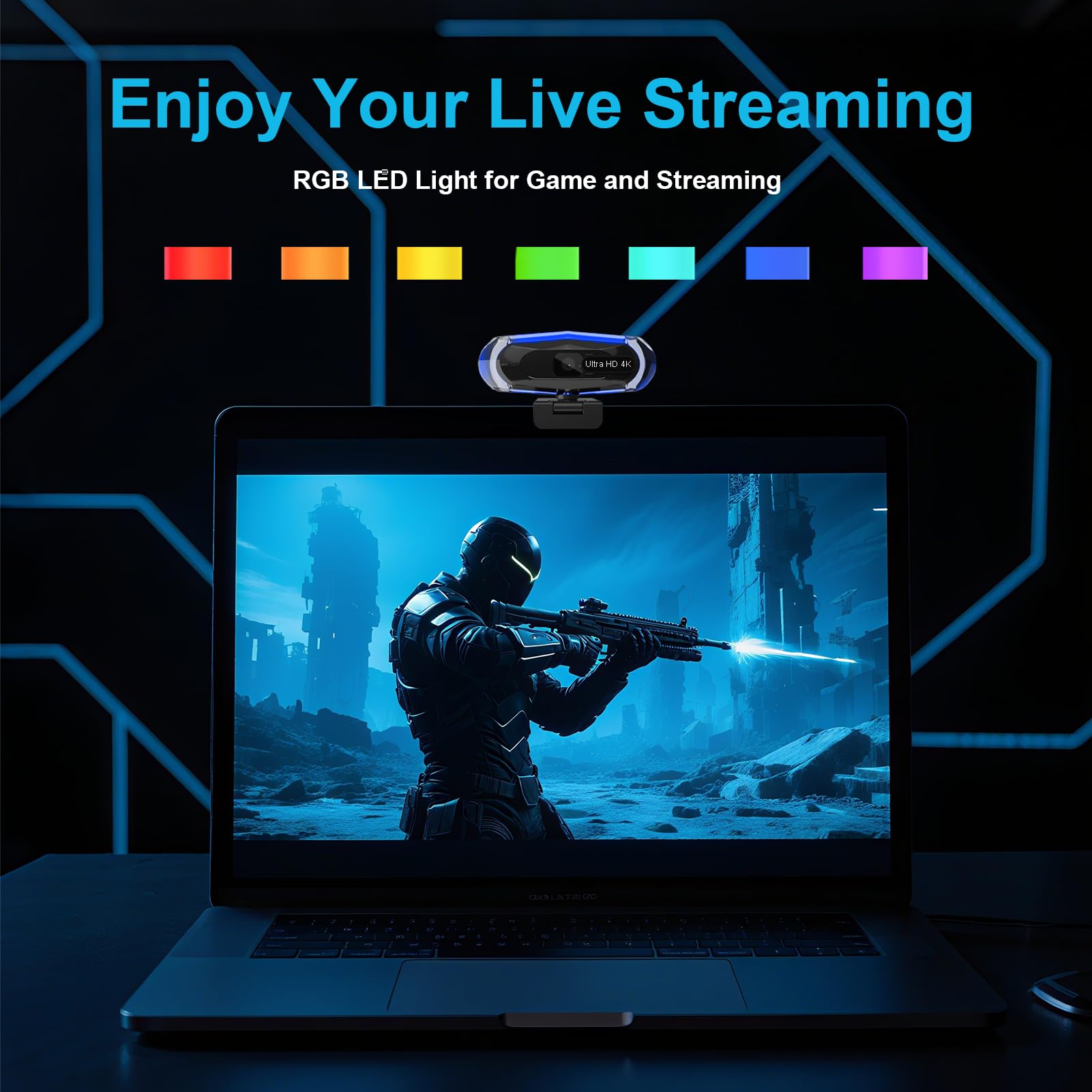 Kamera internetowa 4K do komputera, kamera internetowa 4K z pilotem zdalnego sterowania i oświetleniem RGB, kamera strumieniowa z autofokusem do PC/Mac, kamera komputerowa typu Plug and Play