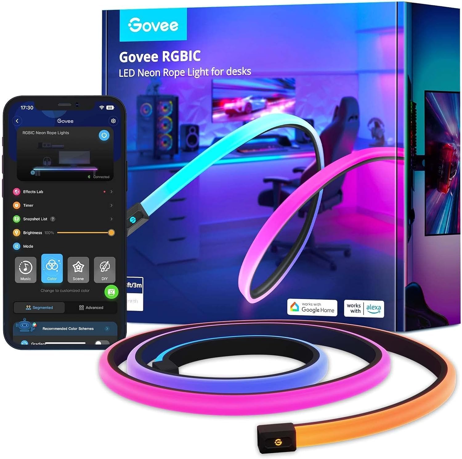 Govee Luci LED da Gioco RGBIC, 3m Luci a Corda Neon Morbide per Scrivania Gaming, Strisce LED Sincro con Razer Chroma, Controllo App Smart, con Taglio, 11 Modalità Musicali, 64+ Modalità Scena