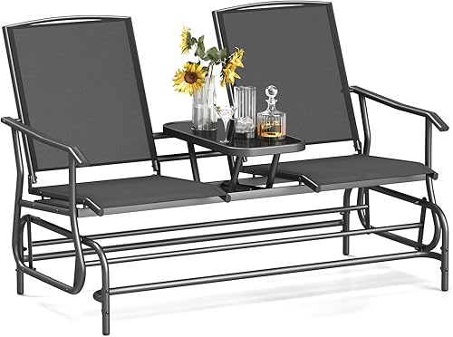 Miniatura 13 de Tangkula Silla mecedora para 2 personas, sofá biplaza mecedora para patio con mesa central de vidrio templado, banco de columpio para exteriores con