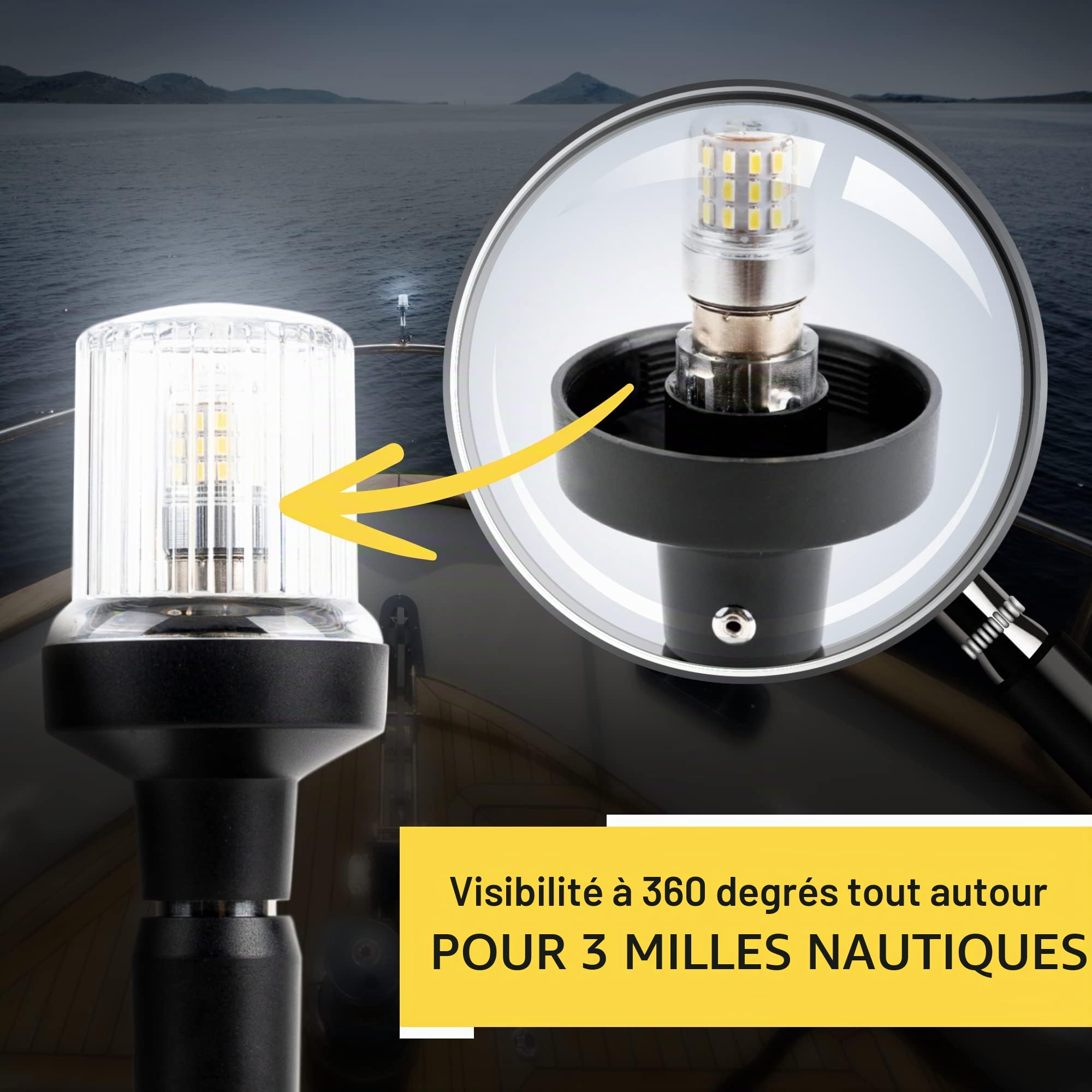 Everbeam Le feu d'ancre ajustable P600 en acier inoxydable pour bateaux de pêche et navires marins - donne une visibilité de 360 degrés pour 3 milles nautiques — résistant aux intempéries, 36 pc LED