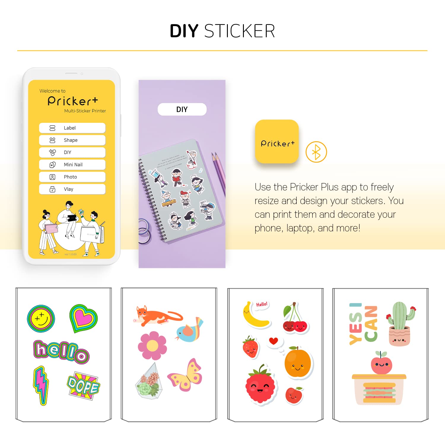 Pricker+ Wireless Portable Photo Sticker Printer | 5 Printing Modes | Customizable Color Sticker Cartridge | 10 Sheets of DIY Sticker Paper