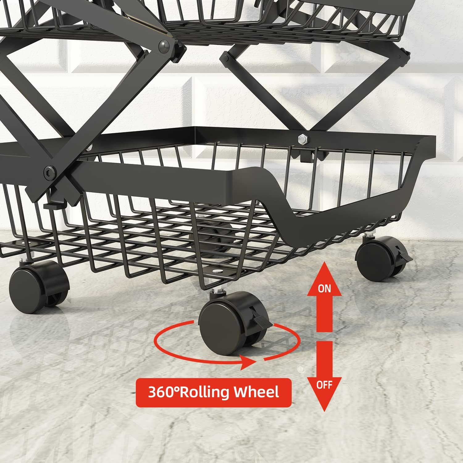 Collapsible Storage Baskets Rack with Wheels, 4 Tiers Foldable Rolling Cart for Office|Garage| Kitchen, No Assembly Required, Mobile Utility Cart for Fruit Vegetable
