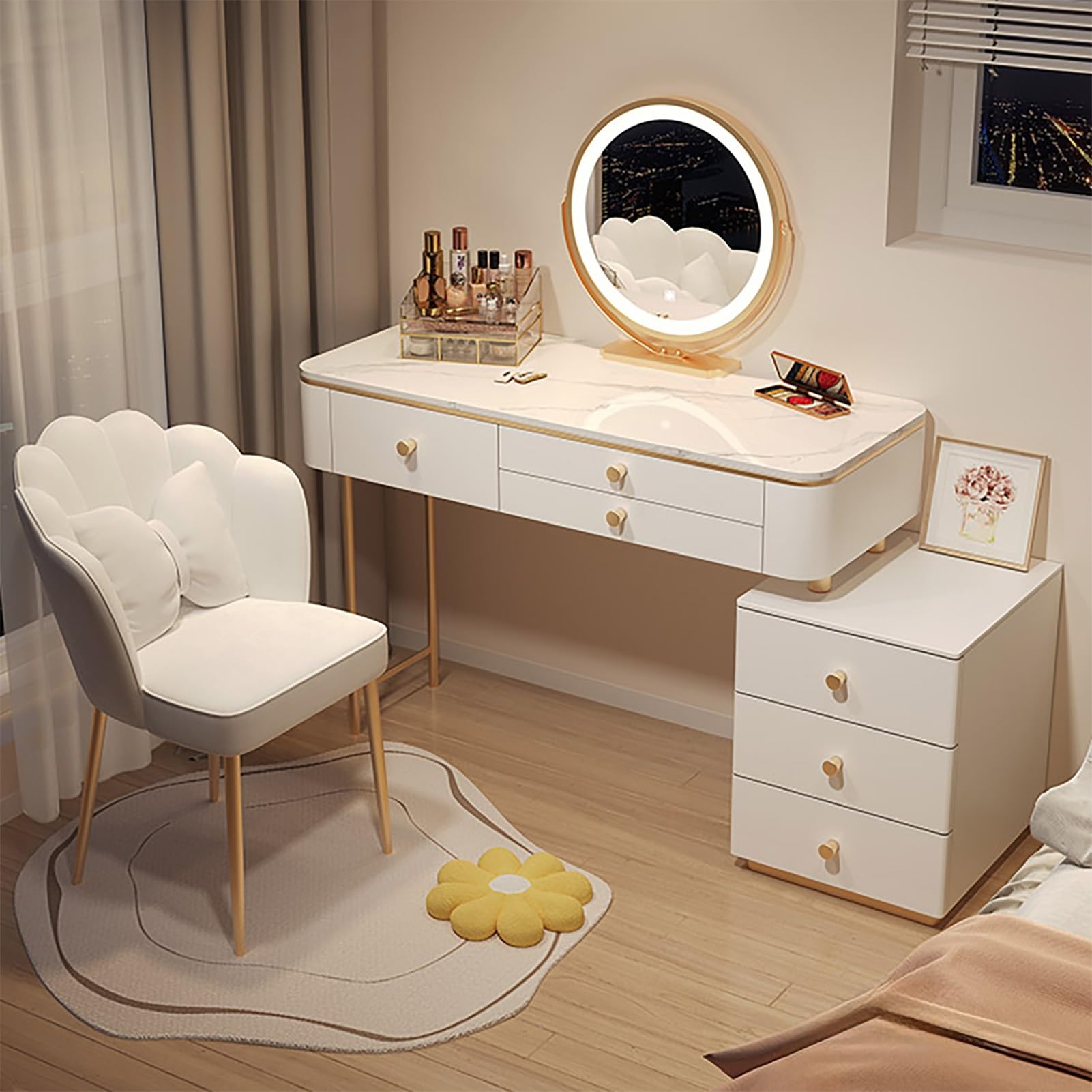 asdchZen Modern Vanity Makeup Desk With Dimmable Mirror, Rock Slab Dressing Table & Movable Side Cabinet, Stylish Makeup Vanity Set With Chair,100cm/39.3in