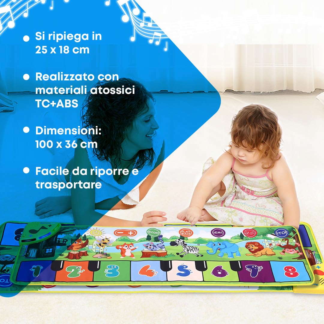 NK Tappetino Musicale per Bambini con 8 Suoni di Animali LED - Gioco Regali Bambino 3 4 5 annos, Tappeto Pianoforte Musicale Montessori, Regalo Natale e Compleanno, Funzione Record/Playback (110x36cm)
