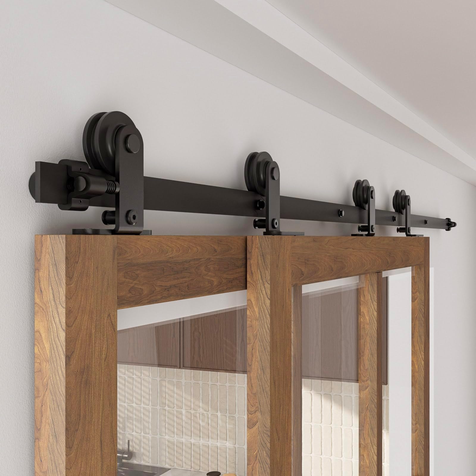 Sliding Door Fitting Bypass Double Door 183 cm Sliding Door System Complete Set Runner Wheels Set Black for 2 Wooden Doors 85 cm Wide T-Shape