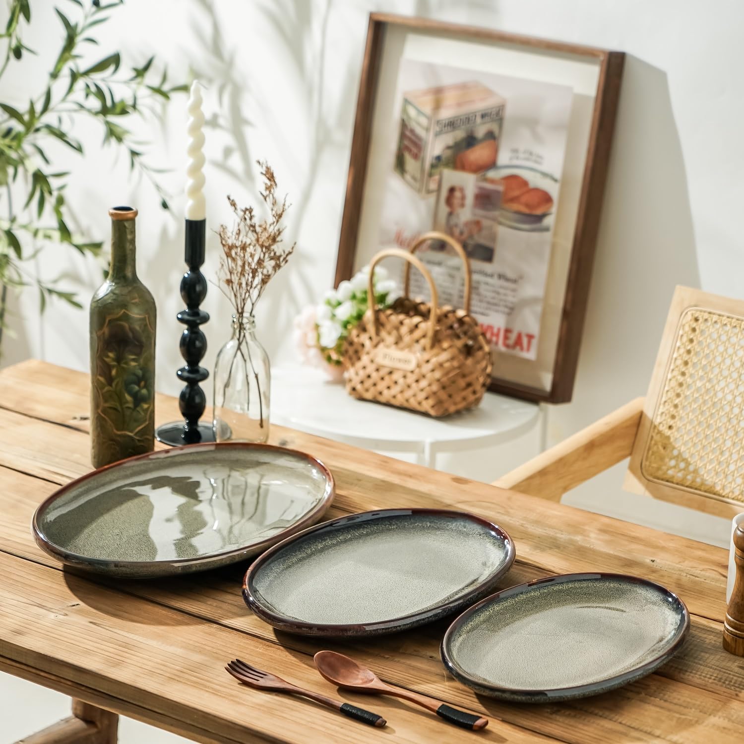 Platos grandes de cerámica para servir, juego de 3 platos ovalados para entretenimiento. Platos de cocina modernos para cena, fruta, ensalada, pavo, etc. Apto para horno, lavavajillas, 15.75
