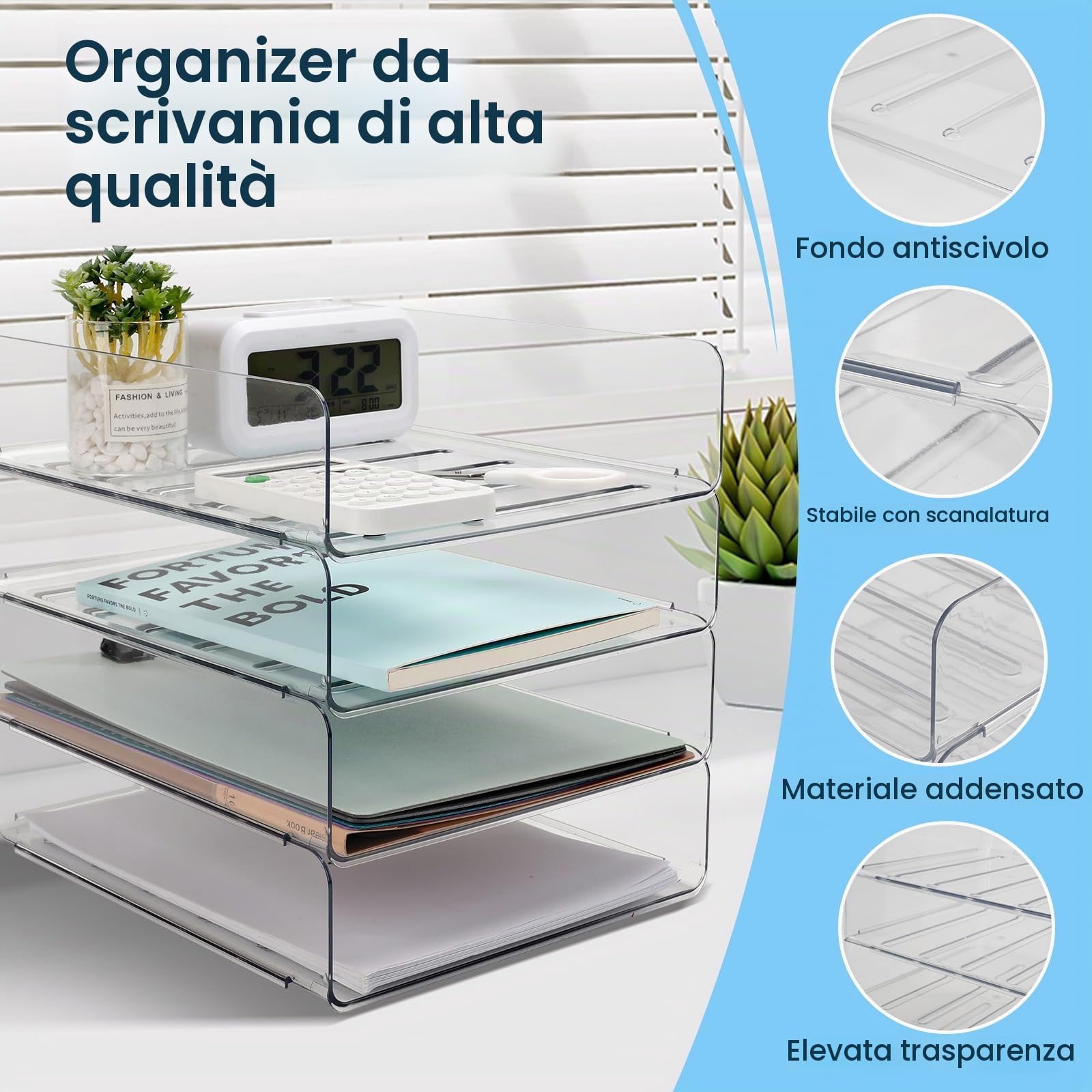 4 Pezzi Organizer Scrivania Ufficio Impilabile, Portadocumenti da Scrivania Trasparent in PET, Porta Fogli A4 da Scrivania, Organizzatore Scrivania per Documenti Libri Rivista