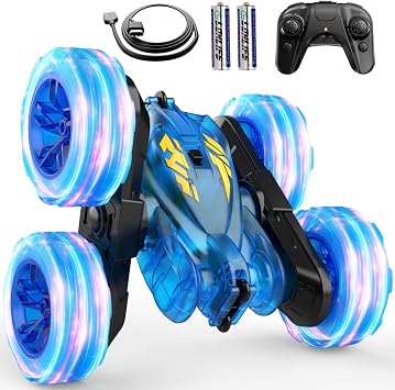 Remote Control Car,Stunt RC Cars For Kids with Colorful Light,Fast USB-C Charging,Double-Sided 360 Rotating Rechargeable 4WD RC Truck Car Toys for Ages 5-7 Gift for Boys Girls Ages 8-12Blue