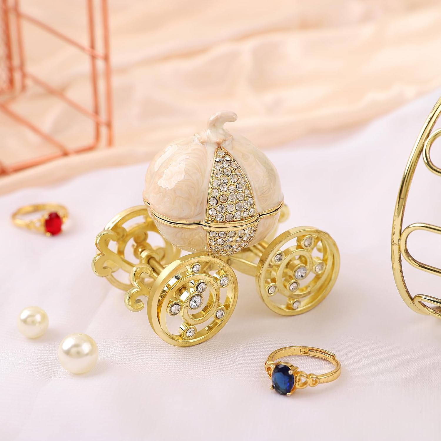 QIFU Hand Painted Enameled Cinderella Pumpkin Carriage Decorative Hinged Jewelry Trinket Box Unique Gift for Family - Image 2