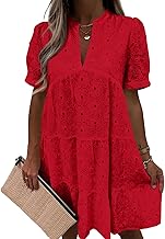 Imily Bela Womens Summer Lace Dresses Eyelet Casual Flowy Babydoll Swing Short Sleeve V Neck Tunic Dress