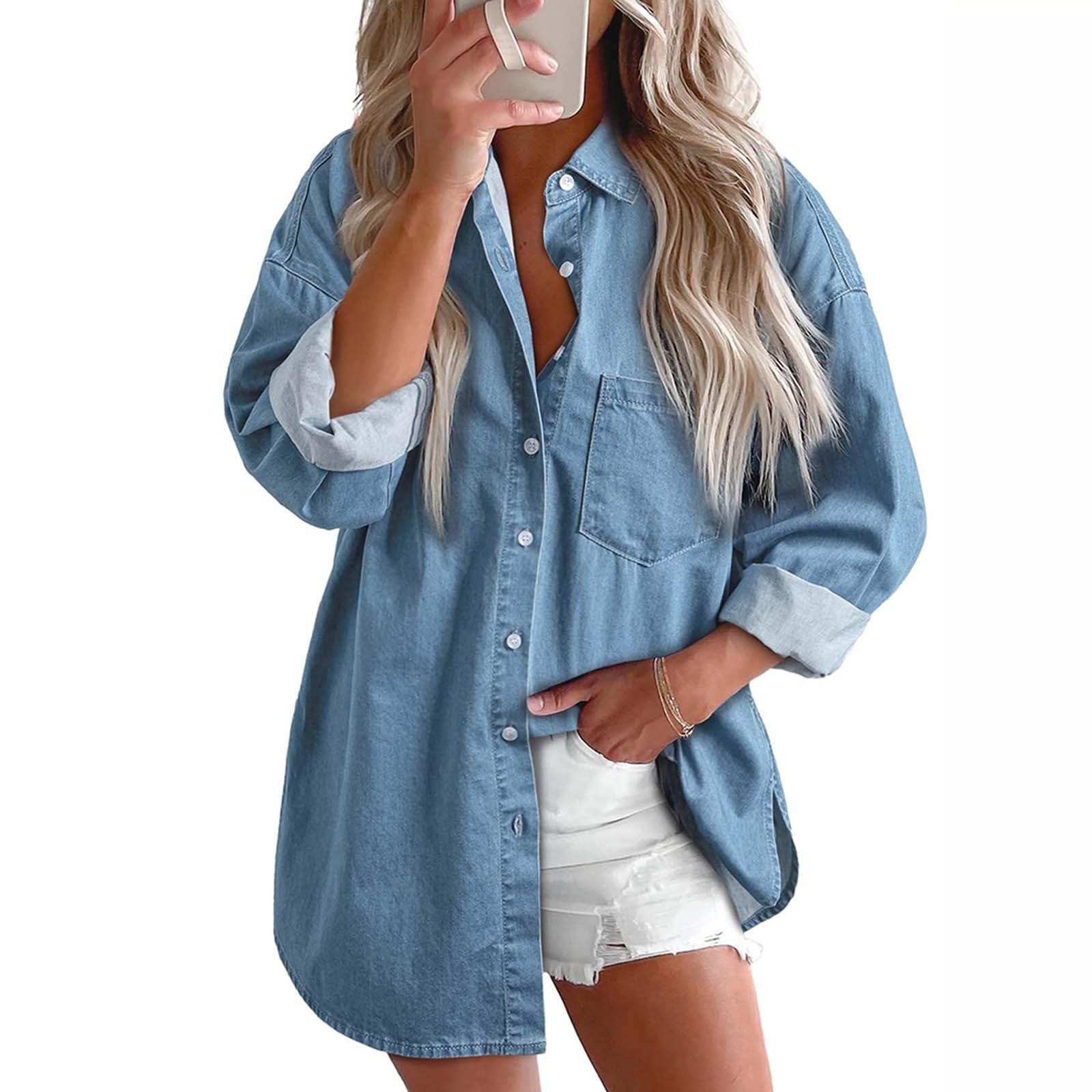Chemise en jean pour femme - Chemise western - Tunique - Manches longues - Boutonnée - Hauts pour femme - Décontracté et élégant - Chemise en jean - Chemise en jean - Chemise en denim