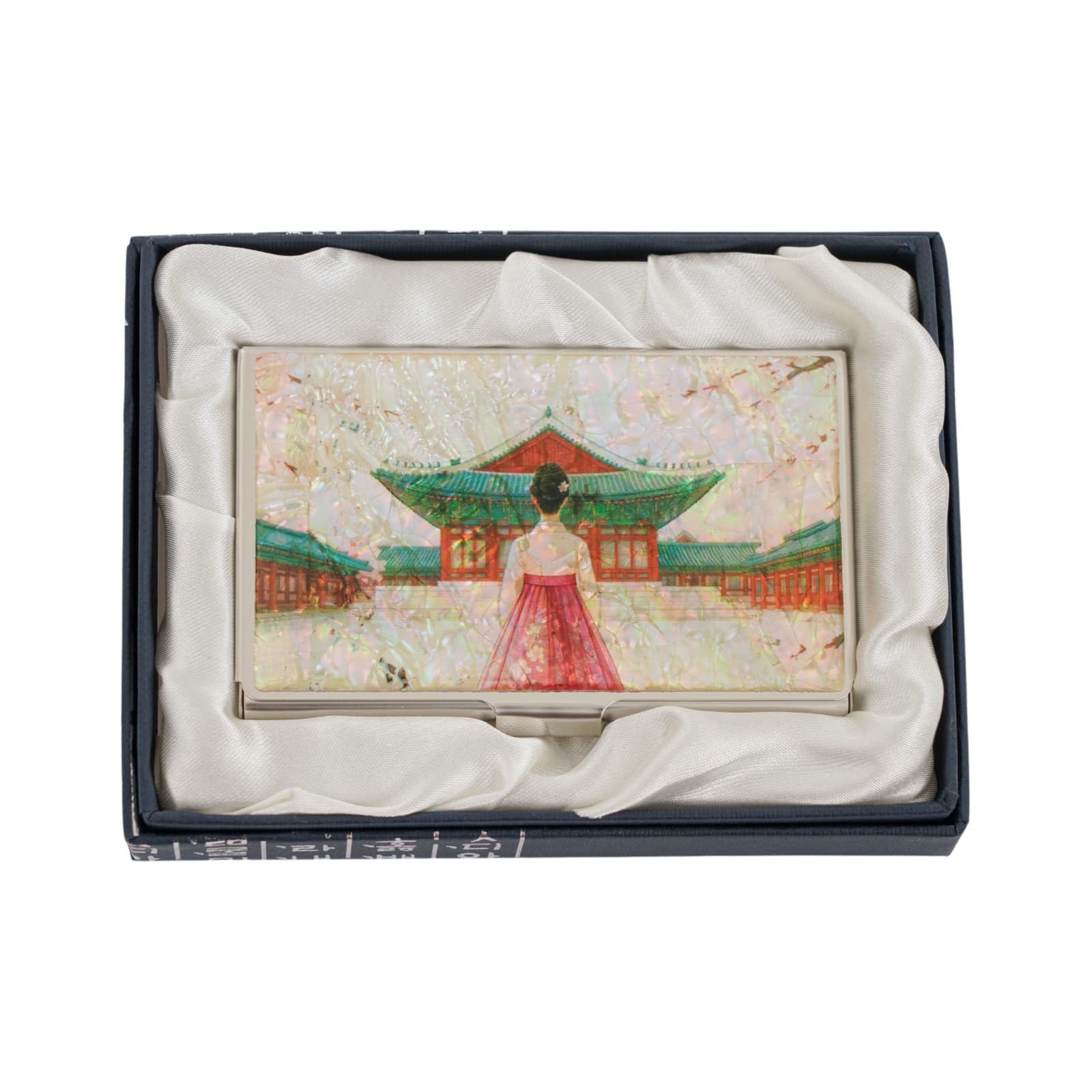 February Mountain Mother of Pearl Business Card Case - Korea Traditional Gifts, Slim Metal Holder for Business & Credit Cards, Pocket-Sized Purse