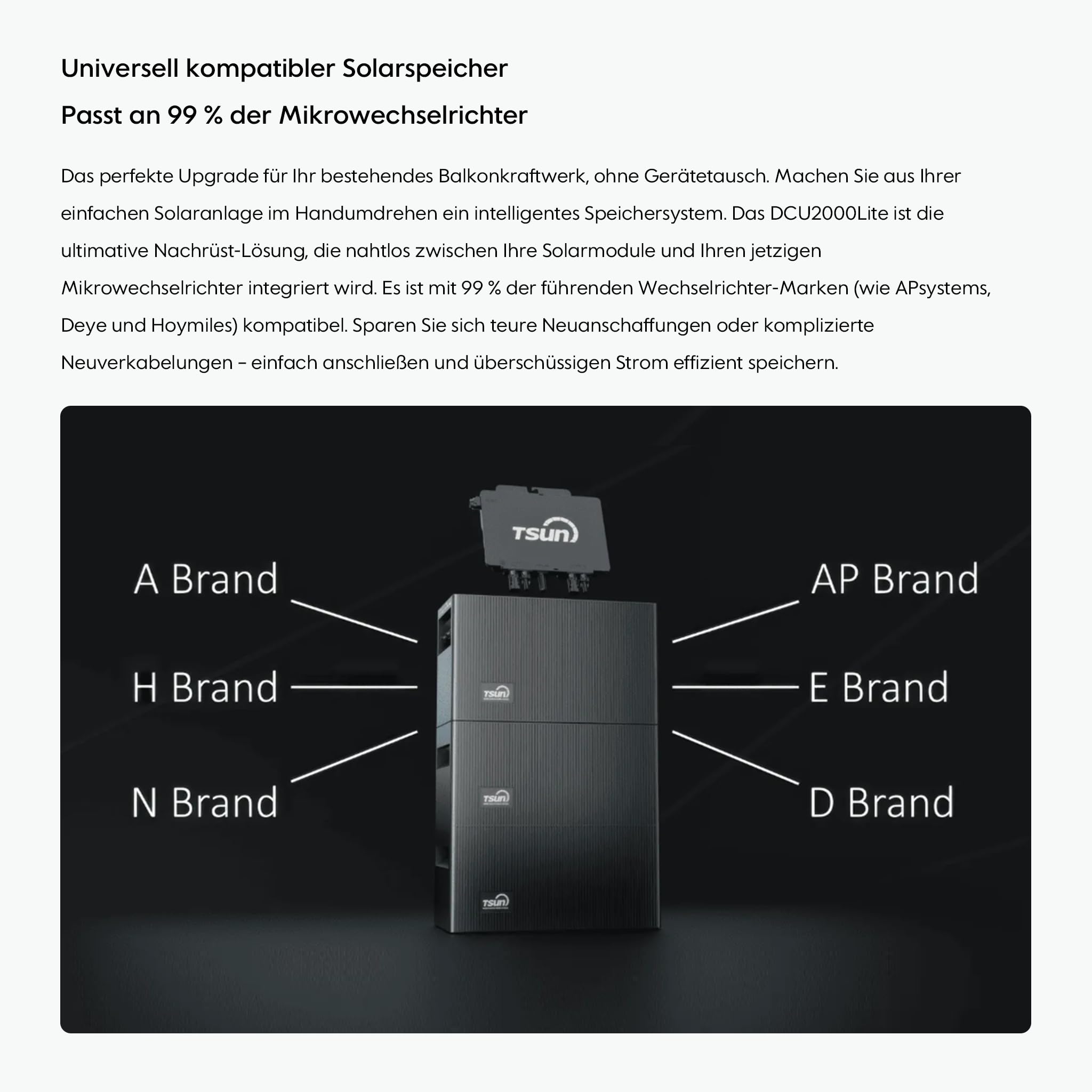 TSUN DCU2000Lite 2 kWh, Balkonkraftwerk Speicher mit 2400W PV-Eingang, 314Ah Industrie-Zellen, 10.000 Ladezyklen, 2 MPPT für bis zu 4 Solarpanels, bis zu 10 kWh Kapazität, IP65, Plug & Play (0 MwSt.)