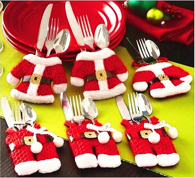 MSQ Table Decorations 4pcs Christmas Cutlery Holders Pockets Knifes Forks Red Bag Santa Suit Xmas Party Dinner Table Decoration Novelty Decorations