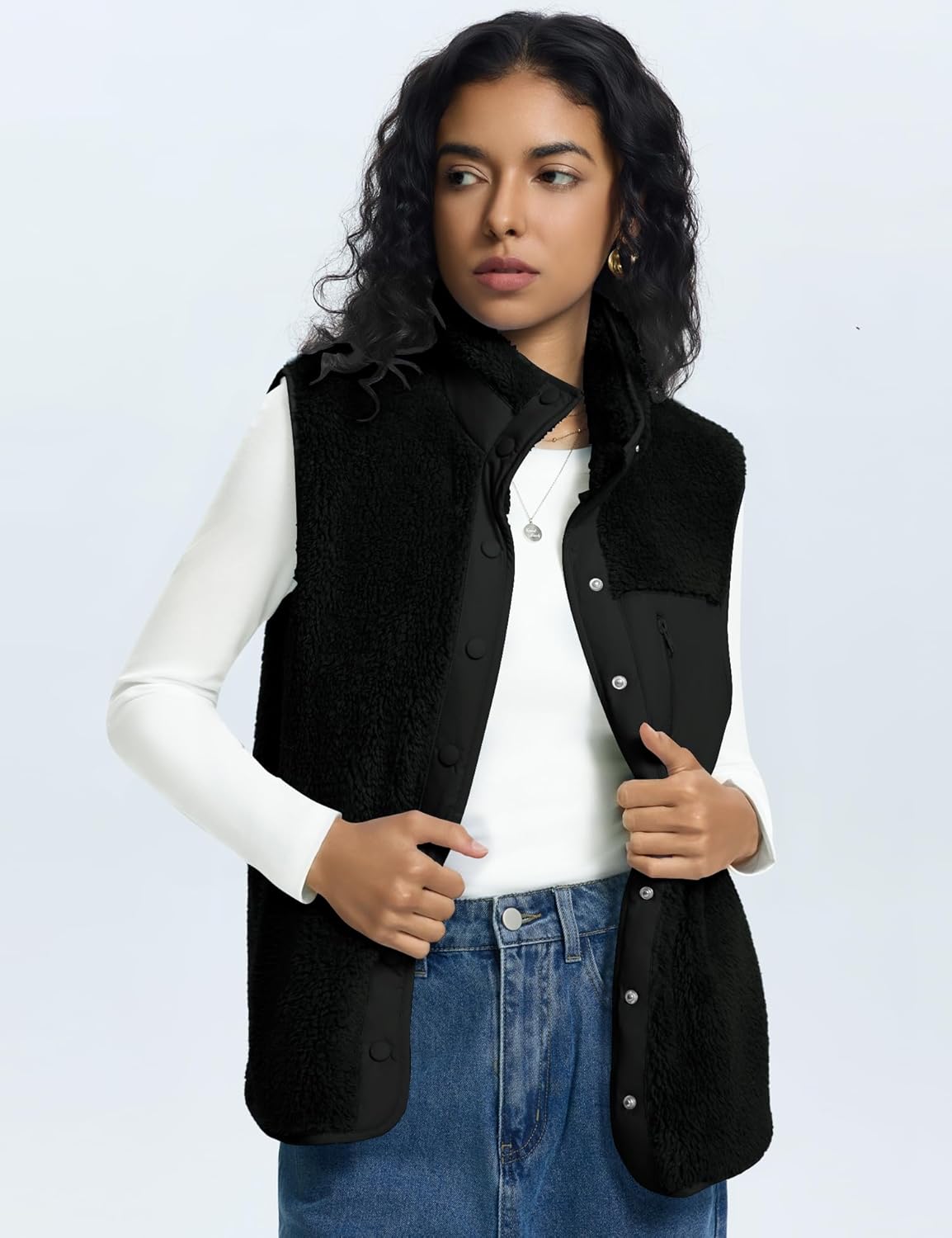 Rapbin Vests for Women Lightweight Stand Collar Sherpa Fuzzy Fleece Vest Buttoned Sleeveless Jackets with 3 Pockets - Image 3