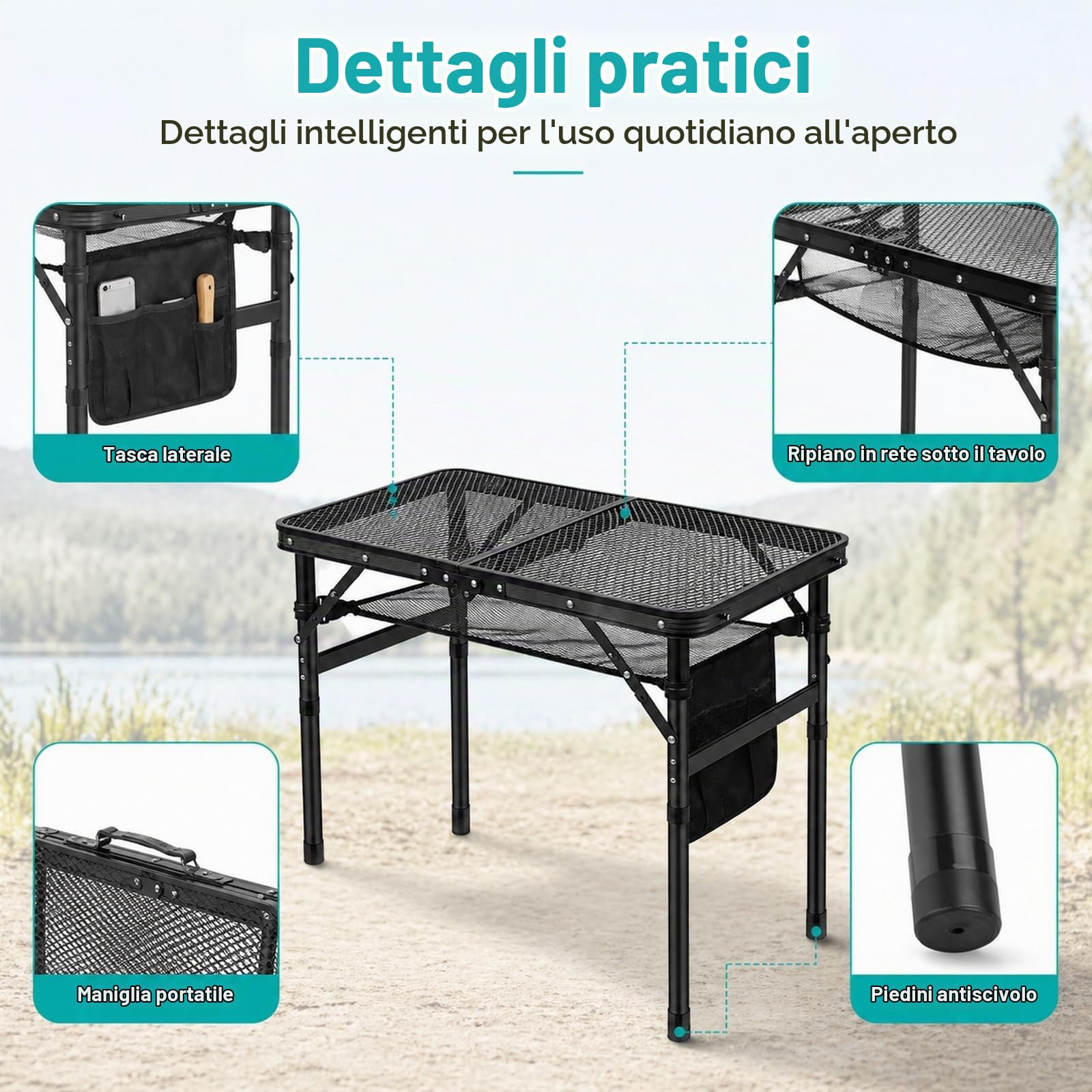 GOOGO Tavolo grill pieghevole da esterno, 60 x 40 x 56 cm, tavolo da campeggio con gambe rialzate e piano a griglia, per BBQ, balcone, picnic e bancarella (nero)