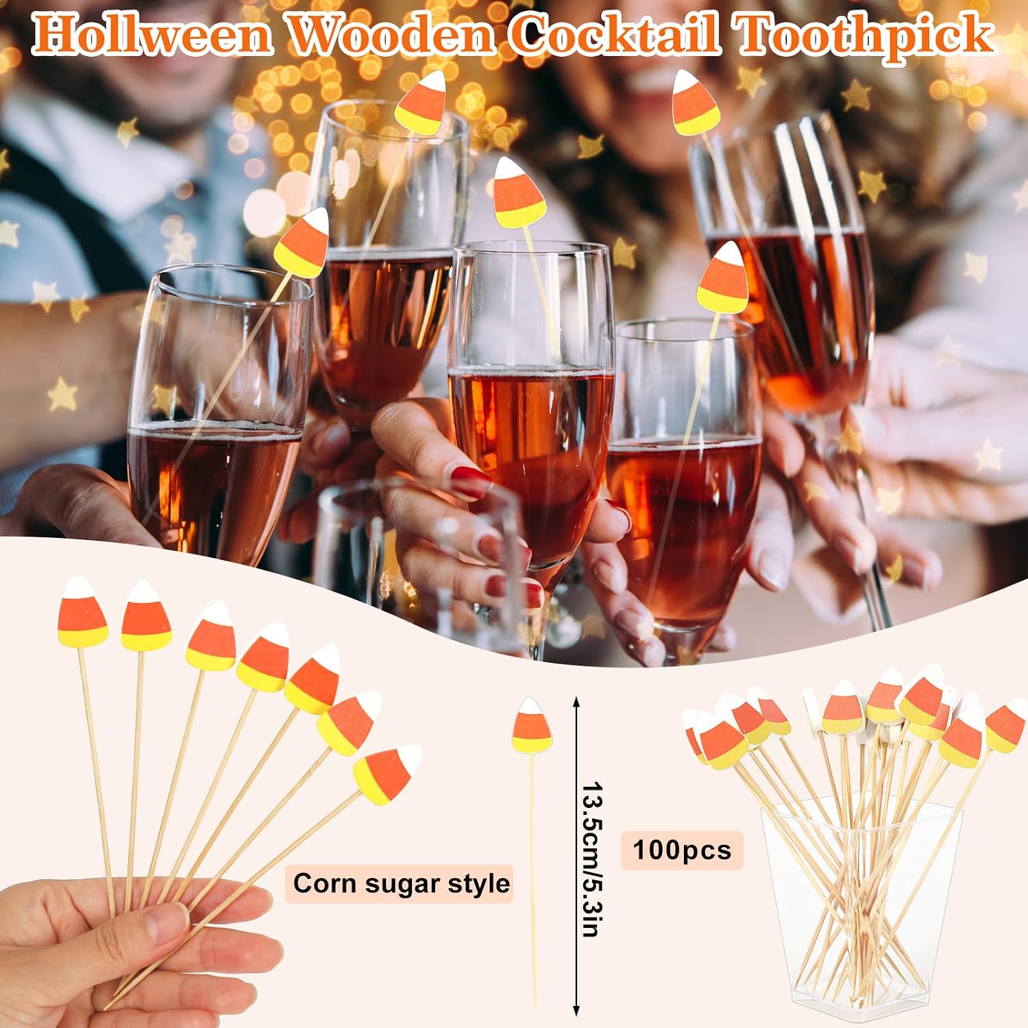 Whaline 100Pcs Halloween Cocktail Picks Candy Corn Garnish Toothpicks Skewers Bamboo Cupcake Toppers Fruit Food Picks for Halloween Appetizers Drink Decor