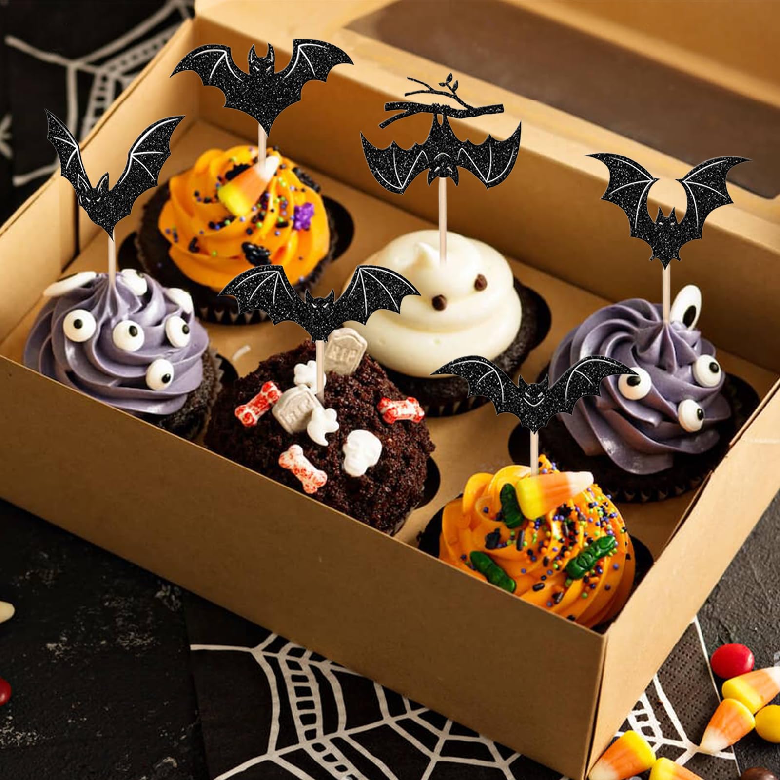 Lot De 30 Décorations Cupcakes Halloween - Toppers Corbeau Brillant, Papier Cartonné - Pour Gâteaux, Fêtes - 8