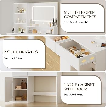 Devoko Dressing Table with LED Light,Vanity Table with Mirror,Adjustable Brightness,Makeup Desk with 2 Drawers,Open Shelves and Storage Cabinet,Modern White [Energy Class D]