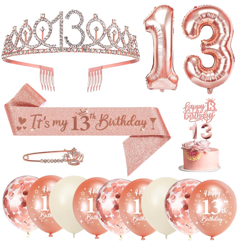 12 decorazioni per 13° compleanno per ragazze, oro rosa