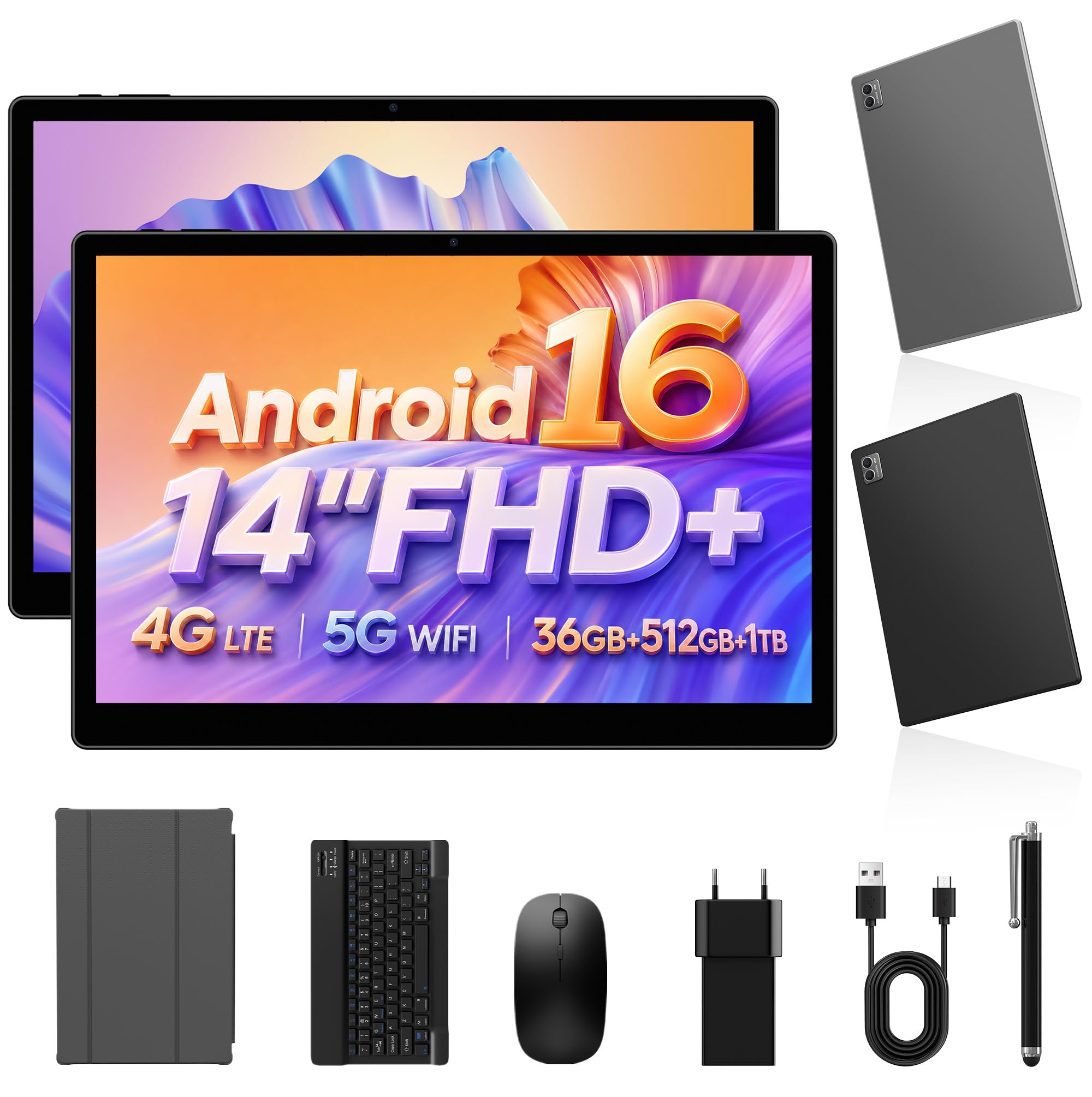 Tablet 14 Pulgadas Android 16 Tabletas con Tarjeta SIM/WiFi,120 Hz,2 GHz Octa-Core,Gemini AI,36GB RAM+512 GB ROM (TF 1TB),11580 mAh,tabletas con Teclado