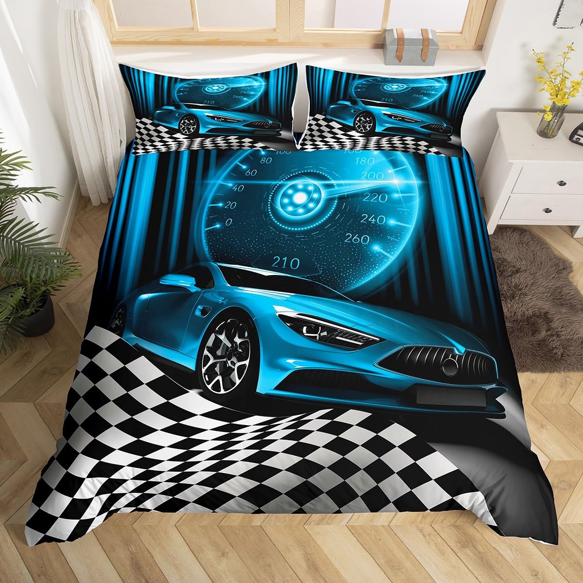 Homewish Teal Race Car Bedding Sets for Boys, Glitter Ombre Line Art Duvet Cover Double Size, Neon Light Sports Car Dashboard Comforter Cover, Black and White Grid Lattice Buffalo Plaid Decor