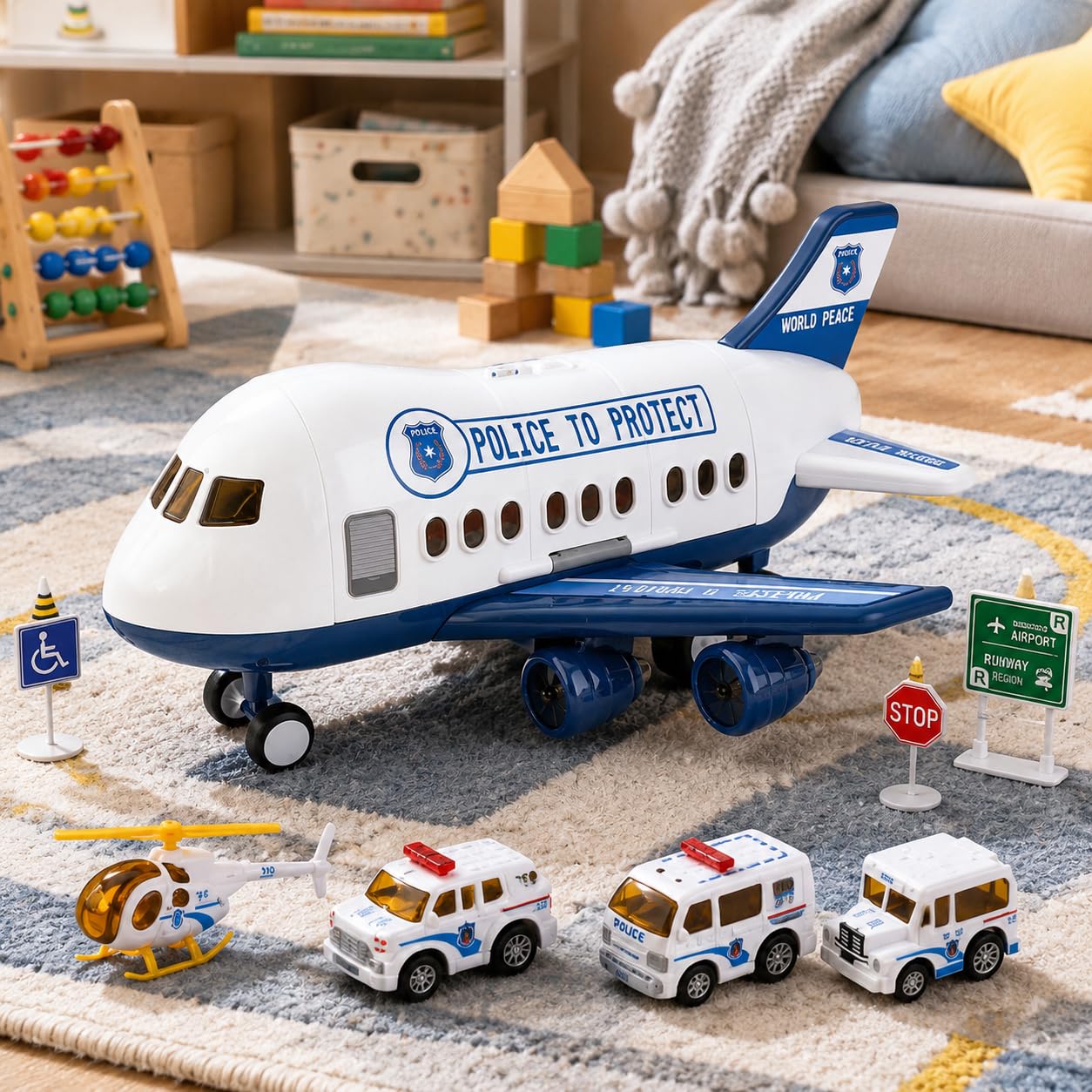 Avión jugue Grande, Recargable, con 4 coch de aleación y señal, Regalo para niños 4+ años, Avión de policía con 4 Coches
