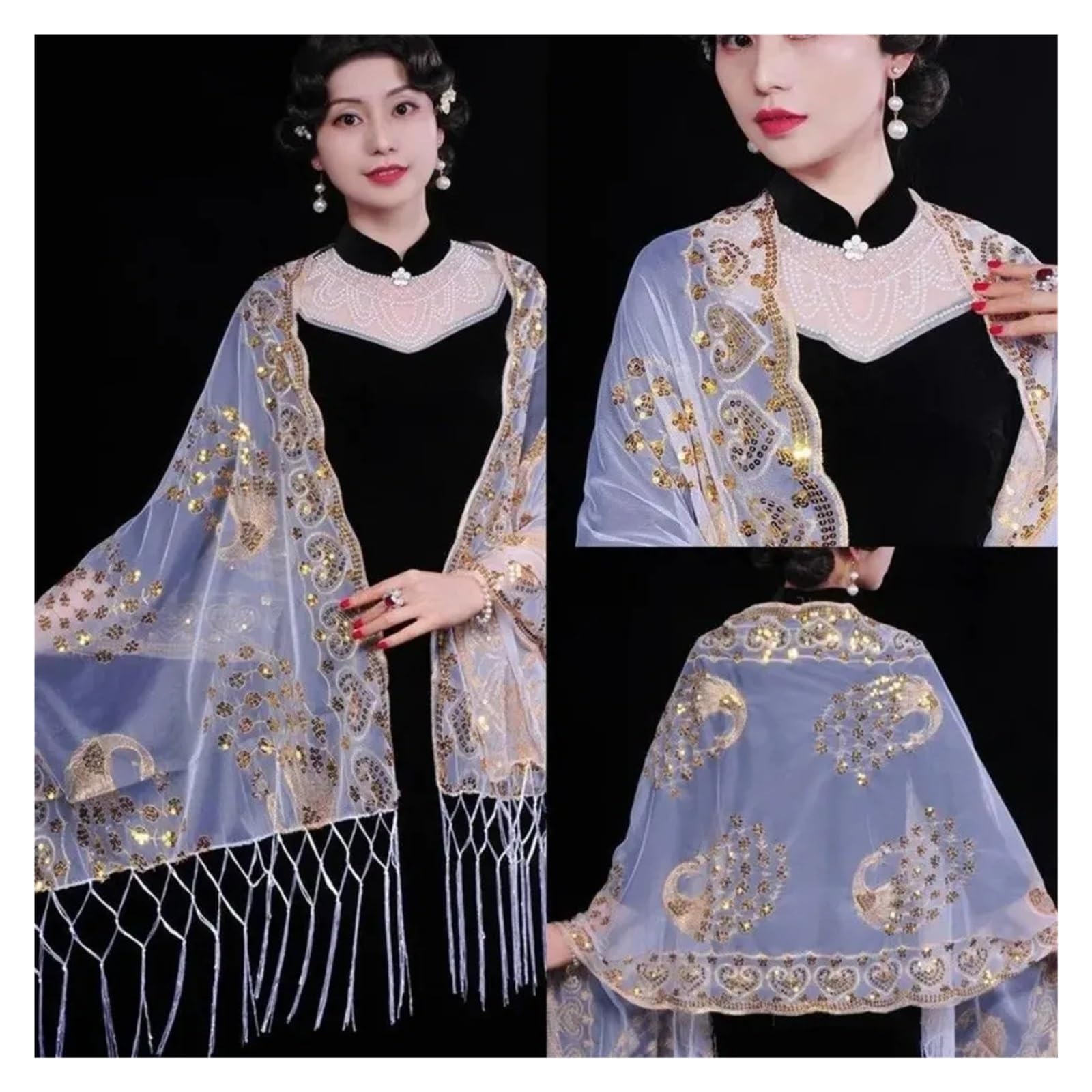 Chal de lentejuelas brillantes Lentejuelas Elegante Mantón De Boda Bordado Encaje Hueco Floral Bufanda Transparente Tul Transpirable