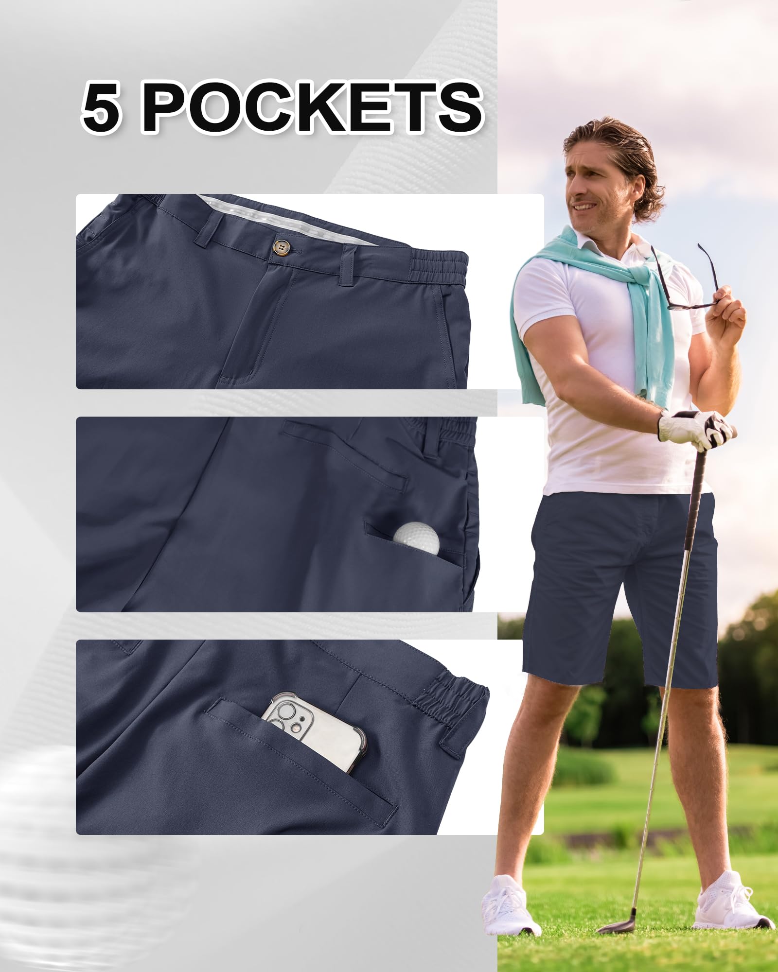 Outdoor Ventures Męskie szorty golfowe UPF 50+, elastyczne spodenki golfowe, lekkie, szybkoschnące, 20 cm, krótkie spodnie golfowe z 3 uchwytami na herbatę i kieszeniami do gry w golfa