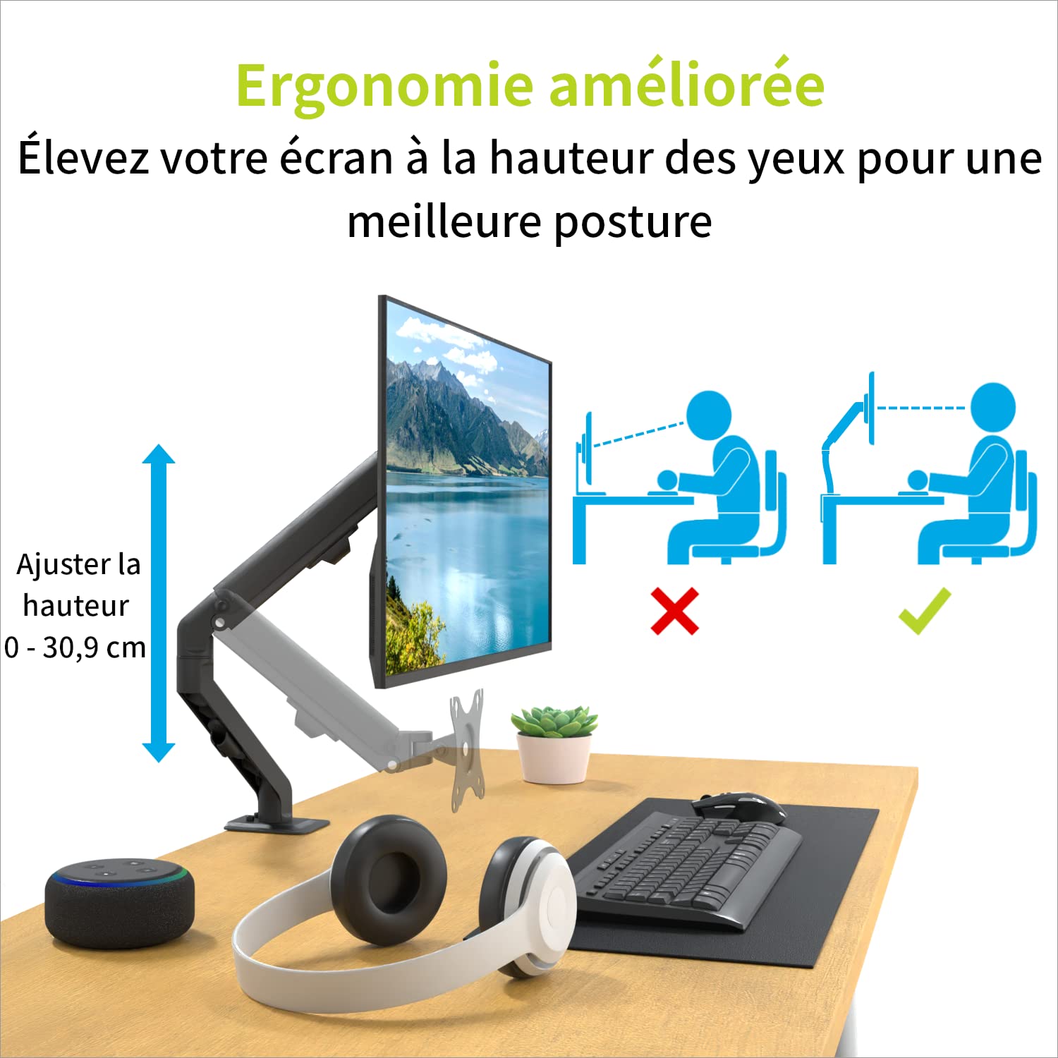 ACROPAQ - Braccio monitor - Braccio a molla, Girevole 360°, Per schermi da 17-27 pollici, Veloce da montare - Monitor arm, Braccio monitor scrivania - Nero