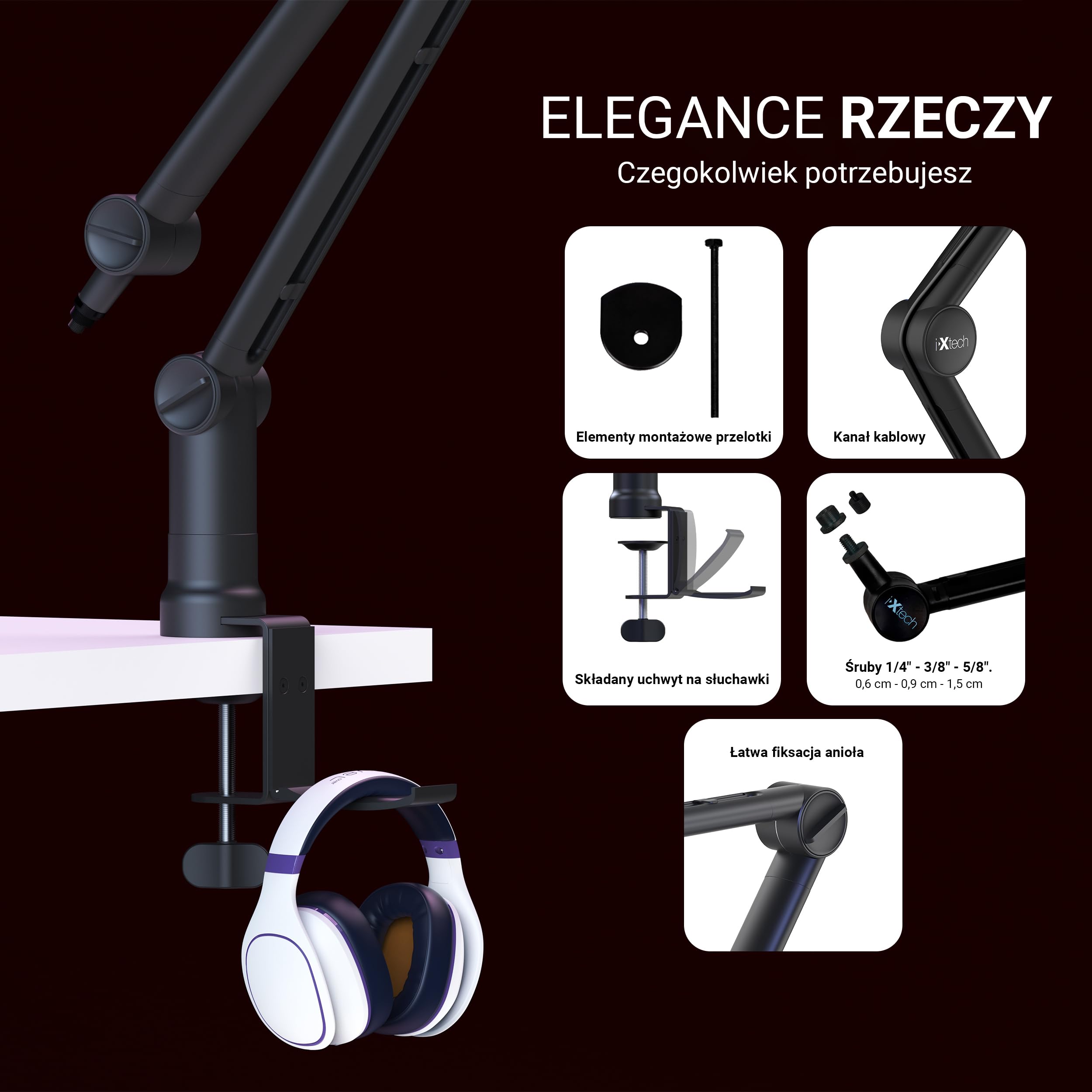 IXTECH Ramię wysięgnika mikrofonowego z uchwytem na biurko, obracane o 360°, regulowane i składane mocowanie nożycowe do podcastów, gier wideo, radia i studia audio, solidne i uniwersalne, elegancki