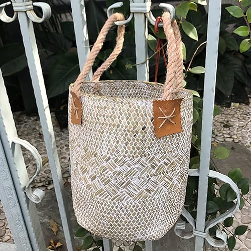 Miniatura 7 de HANABASS Cesta trenzada de hierba marina multifunción hecha a mano para flores caja de almacenamiento de escritorio cesta tejida para ropa sucia