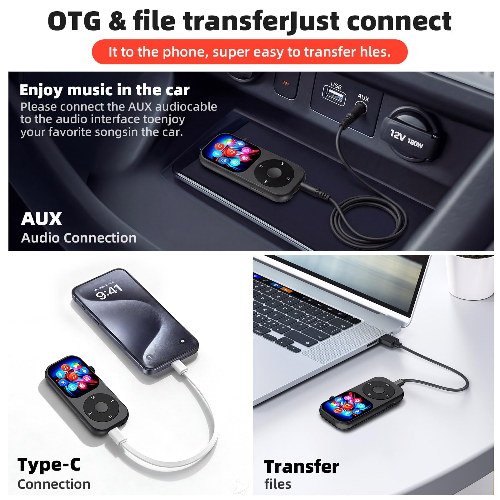 Lettore MP3 da 128 GB con Bluetooth 5.4, lettore musicale con altoparlante HD integrato, lettore musicale MP3 da 2 pollici touchscreen e pulsanti fisici di rotazione touch Supporto video, immagini
