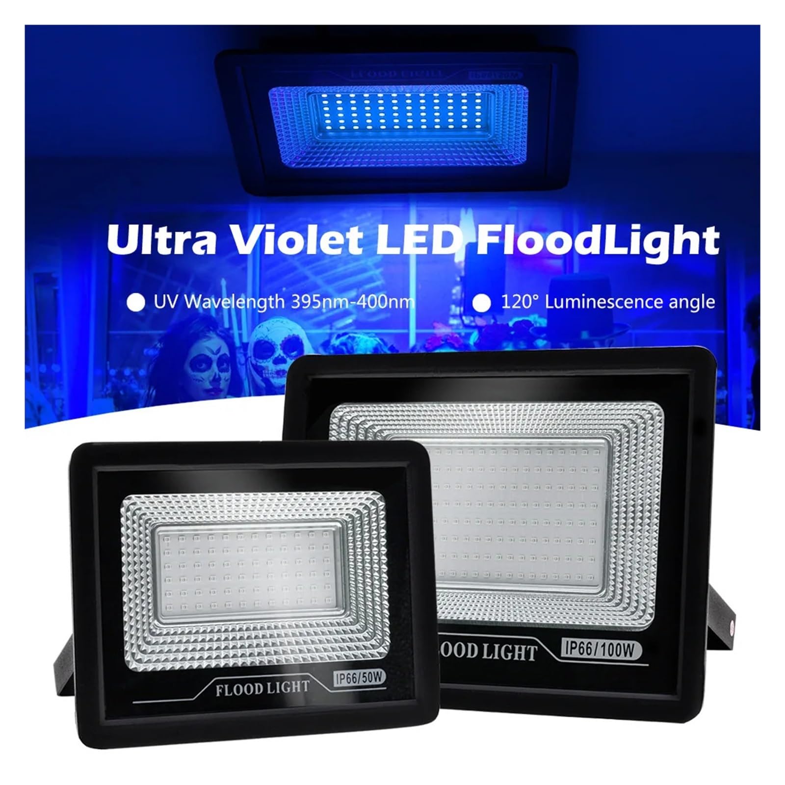 Naświetlacz LED, Reflektor LED UV 50W 100W Impreza Z Okazji Halloween Reflektory Halonowe 395nm 400nm IP66 Wodoodporna Fluorescencyjna Lampa Sceniczna Ultrafioletowa(100W)