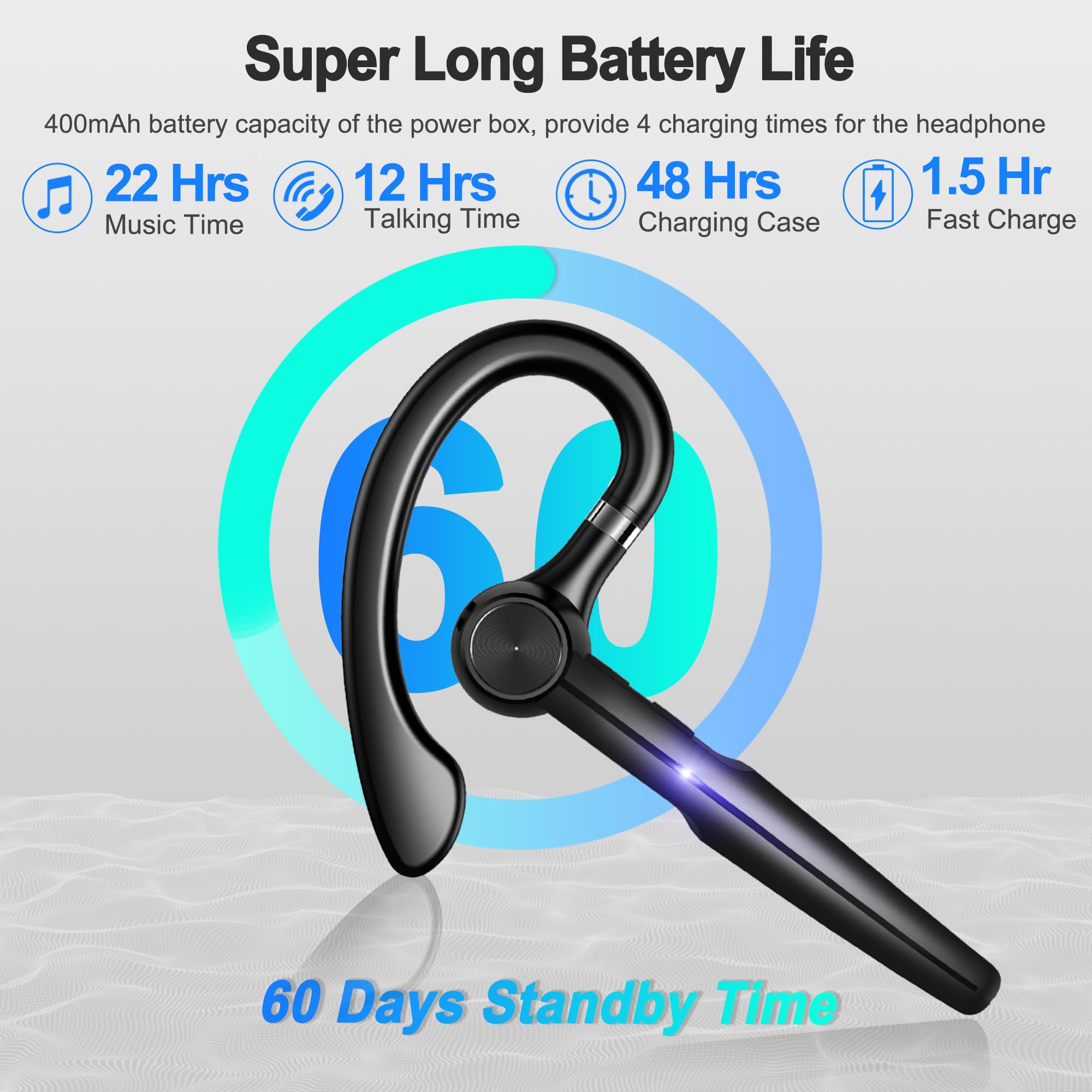 Écouteur Bluetooth V5.3 Mains Libres avec Microphone, autonomie Extensible jusqu'à 60 Heures, oreillette sans Fil Unique avec étui de Chargement LED, Noir