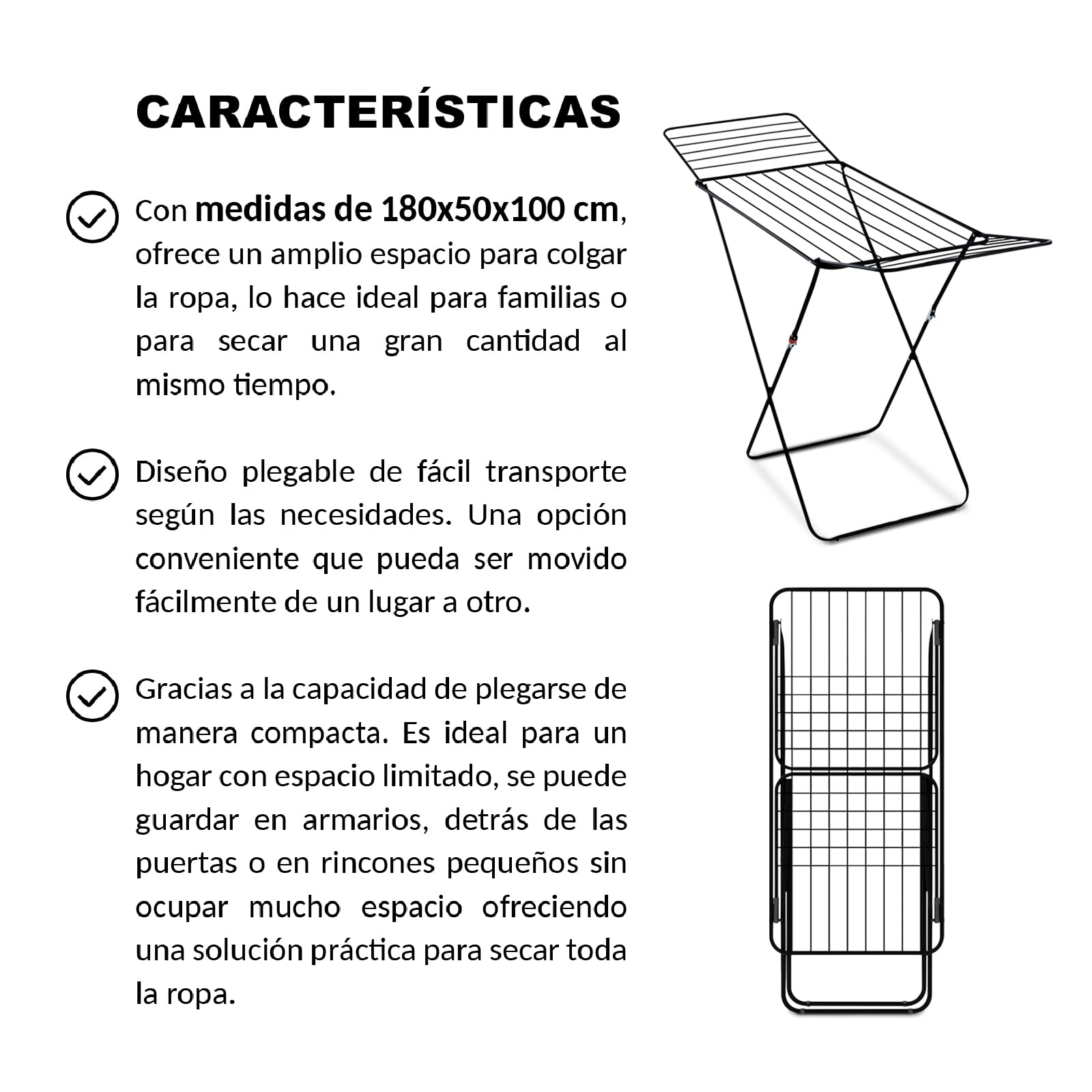 TIENDA EURASIA - Tendedero de Ropa Plegable | Estructura Metálica Ligera | Capacidad de Carga 20 Kg | Medidas Abierto 180x50x100 cm y Cerrado 126x50x100 cm (Negro)