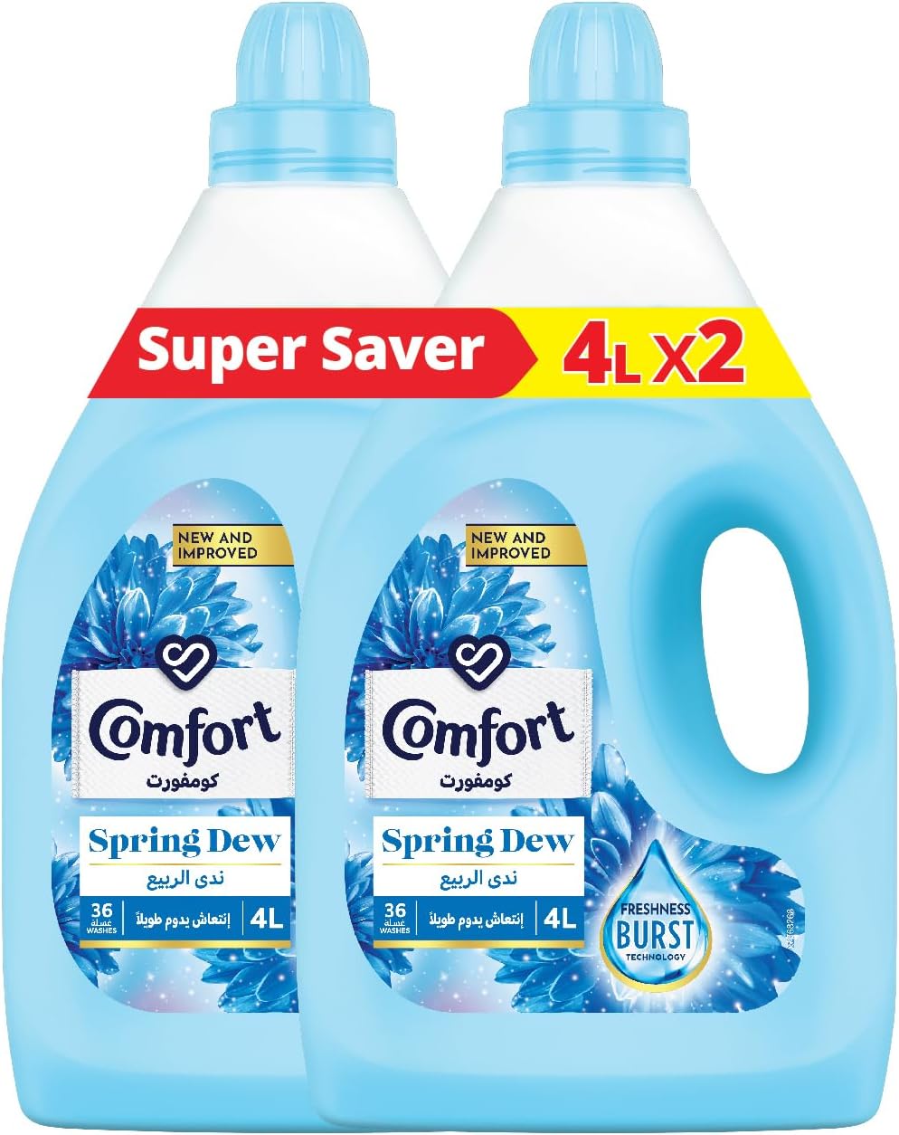 Fabric Softener, Spring Dew, 4L x 2, With Freshness Burst Technology For Long Lasting Fragrance & Soft Clothes