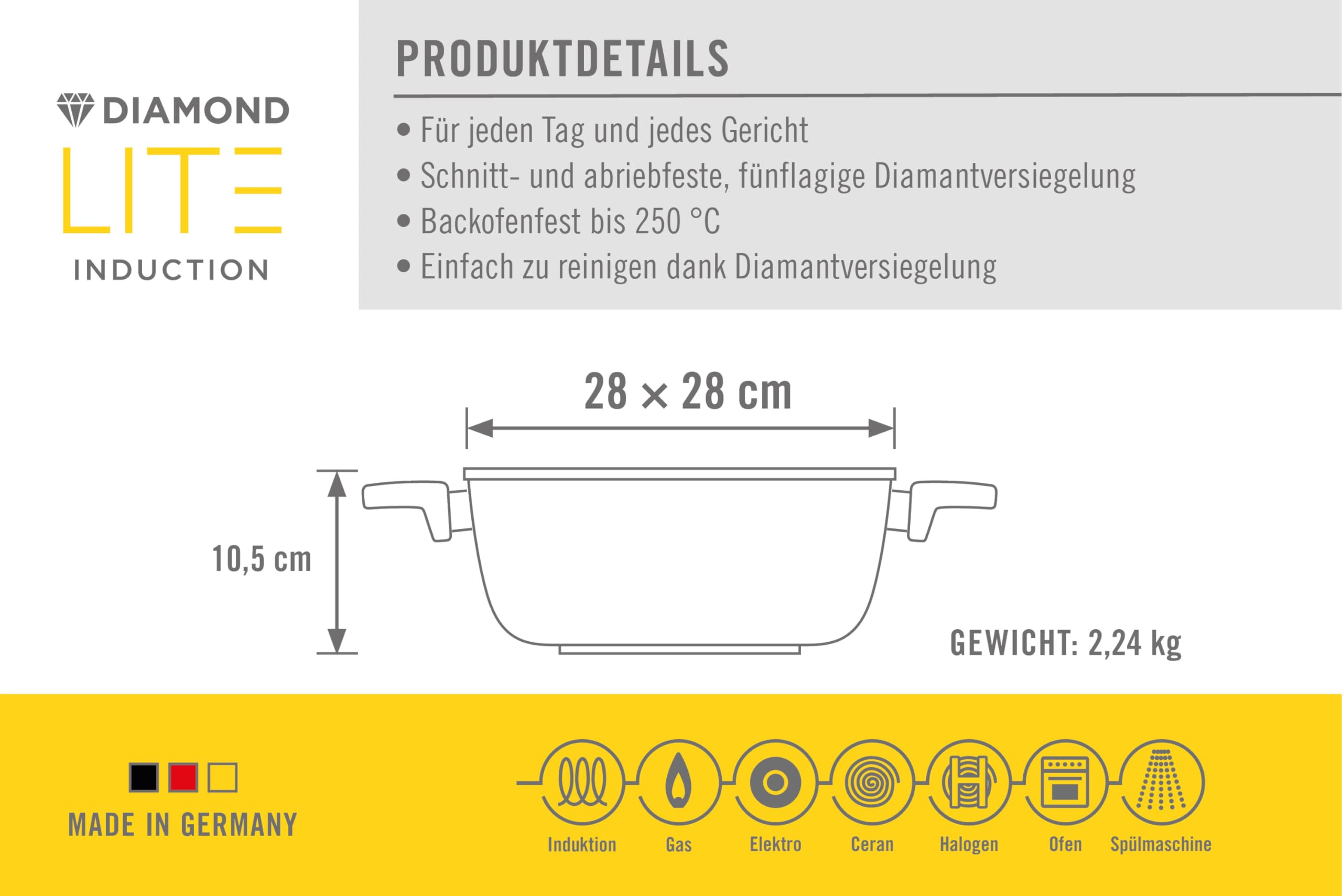 Woll Diamond Lite Kasserolle viereckig - Induktiv -, 28x28 cm, 10.5 cm hoch, 6 Liter, mit 2 Seitengriffen - Geeignet für alle Herdarten, Aluminiumguss, Antihaft-Versiegelung, backofenfest, anthrazit