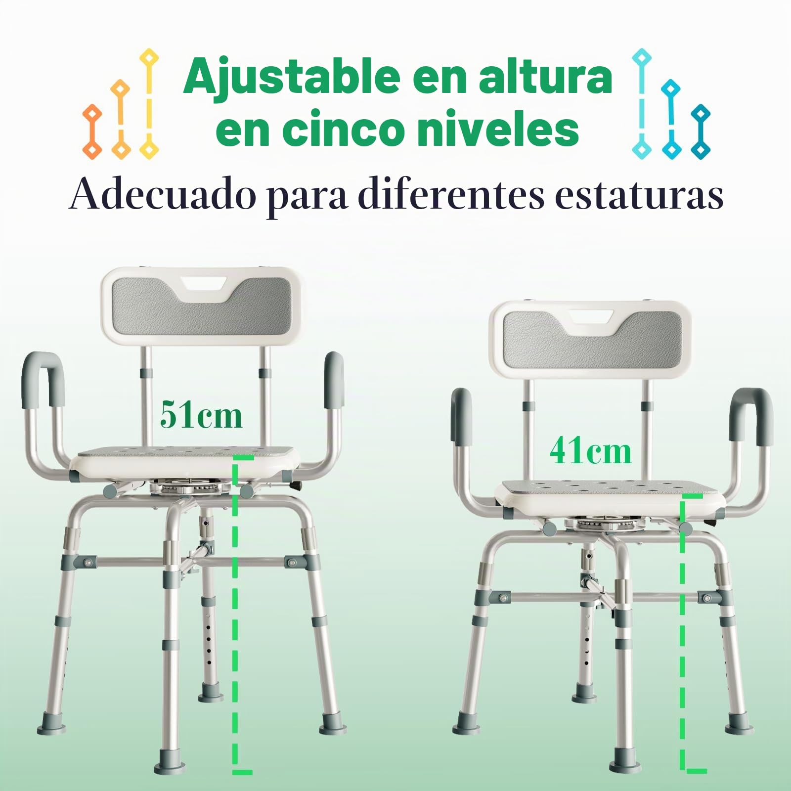 RMAN Silla de Ducha Giratoria 360° con Apoyabrazos para Personas Mayores | Almohadilla EVA, Conteras Antideslizantes, Con Apoyabrazos, Carga 300 kg, Para Mujeres Embarazadas y Movilidad Reducida, Gris