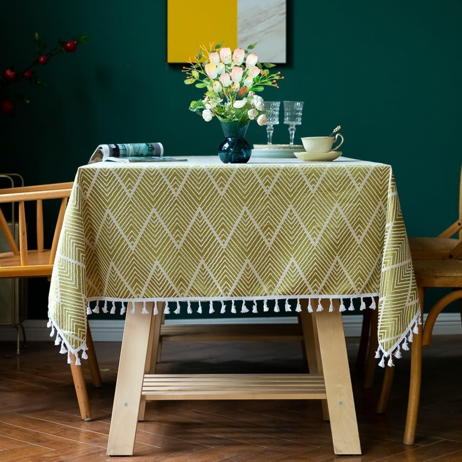 Obrus o wyglądzie lnu, żółty, prostokątny, 140 x 200 cm, zmywalny, z efektem lotosu, żakardowy obrus z frędzlami, do stołu kuchennego i na zewnątrz