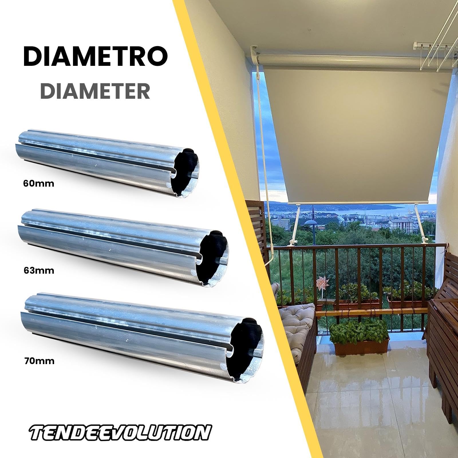 Rodillo Enrollador para Toldo de Sol en Hierro Galvanizado, Compatible con Cualquier Modelo de Toldo para Exterior: Toldos Enrollables, Toldos Verticales, Brazos Extensibles (Diámetro 70 MM, 3 MT)