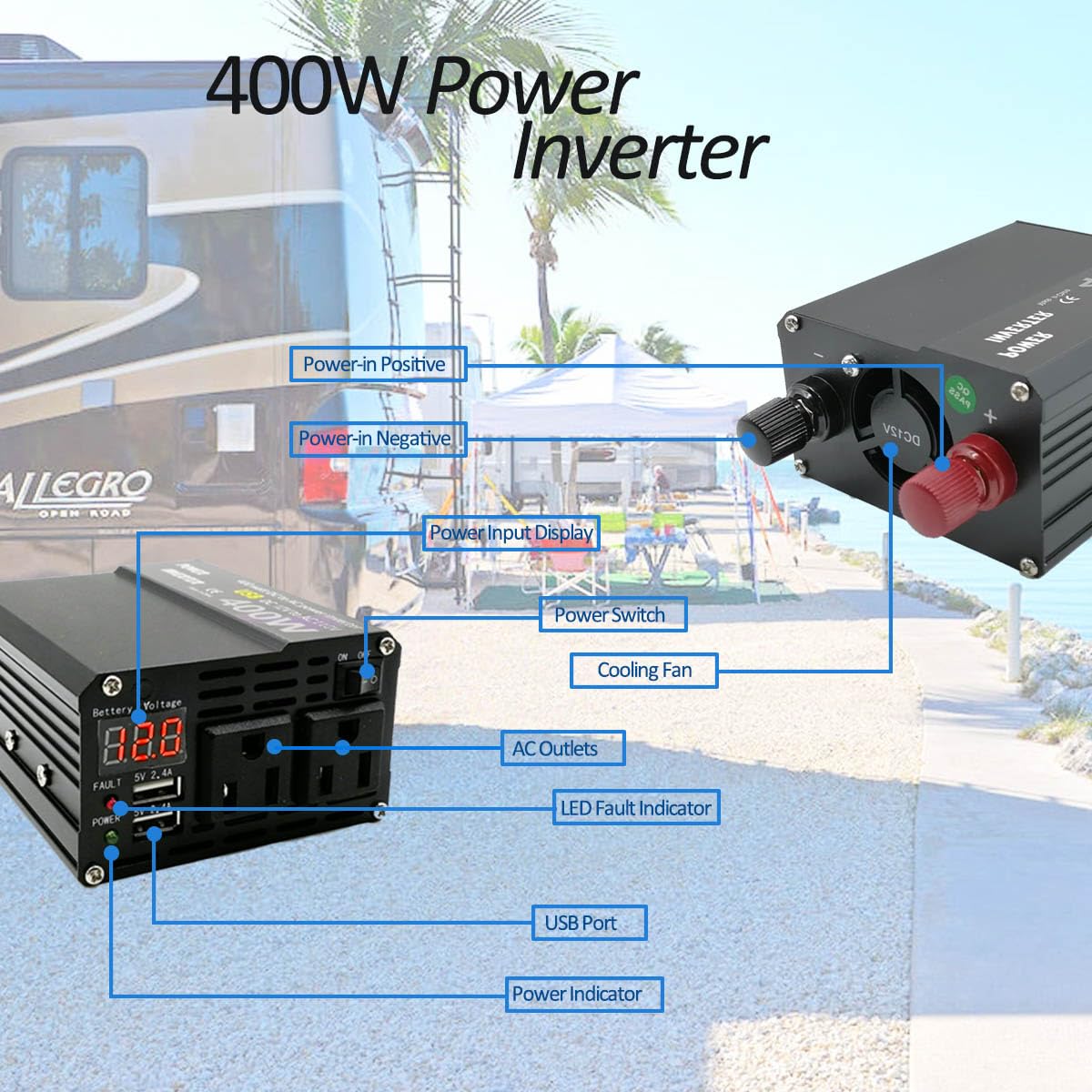 300W Continous Output Power Inverter DC12V to 110V AC Converter 400W Surge with 2 USB Ports and 2 AC Outlets for Road Trip, Camping, RV, Truck, Car, Pickup Truck