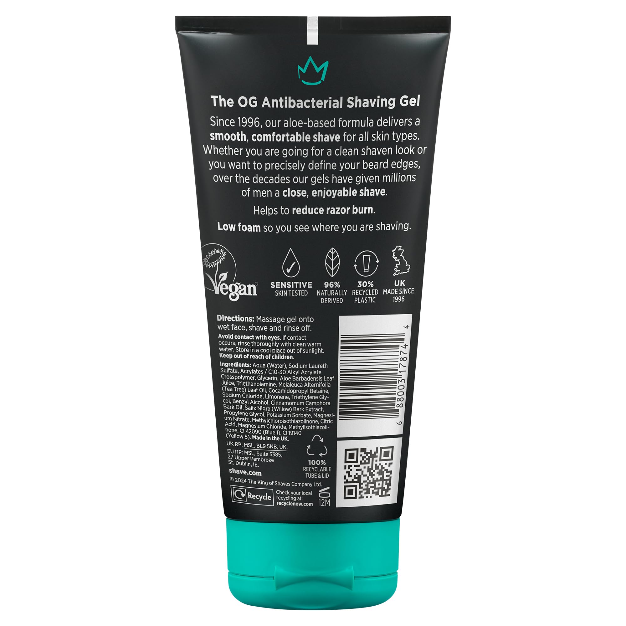 King of Shaves Gel de Afeitar Antibacteriano para Hombre Pack Cuádruple 4 x 175ml, Gel Bajo en Espuma para Piel Sensible, Aloe Vera y Árbol de Té, Vegan, 96% Natural